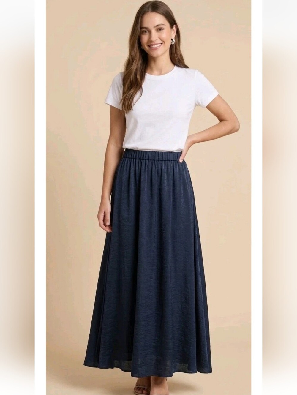 NWT! Zara Navy Blue Crinkle Satin Flowy Long Maxi Skirt Size M